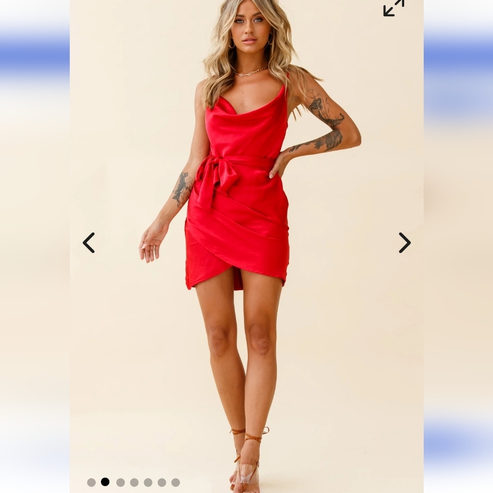 Selfie Leslie Bebe Satin Cowl Neck Wrap Dress Red - Picture 2 of 8